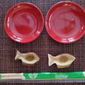 Red Fish-Shaped Sushi Dish And Chopstick Holder Set